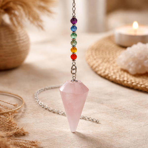 Pendel Rozenkwarts Facet Met Chakra Kralen