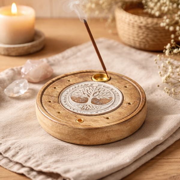 Wierookhouder Ronde Mangohout Levensboom Whitewash 10 Cm