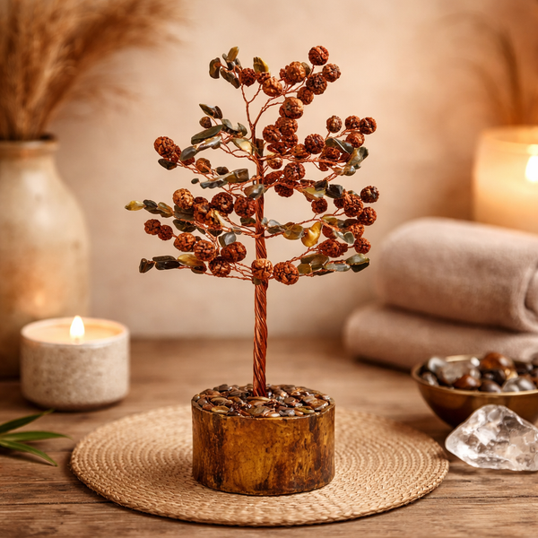 Edelsteenboom Tijgeroog & Rudraksha Houten Voet 18 Cm