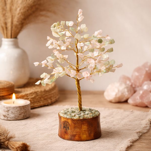 Edelsteenboom Groene Aventurijn En Rozenkwarts Met Houten Voet 18 Cm