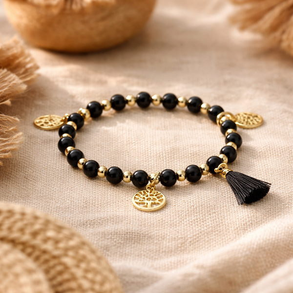 Armband Zwarte Toermalijn En Hematiet Met Levensboom Bedels En Kwastje 4~6 Mm