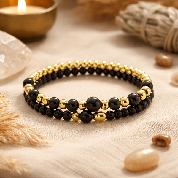 Armband Zwarte Toermalijn Hematiet Elastische Set Van 2 3~8 Mm