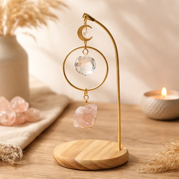 Suncatcher Op Houten Voet Met Rozenkwarts Maan 16 X 8 Cm