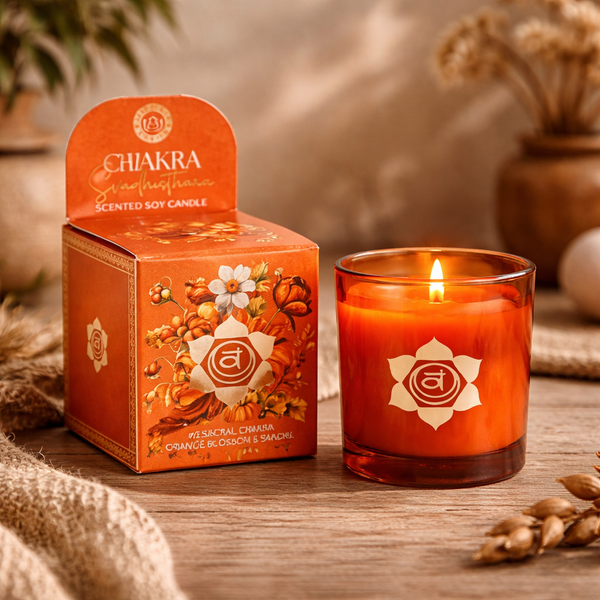 Geurkaars Svadhisthana Chakra Oranjebloesem Sandelhout 130g