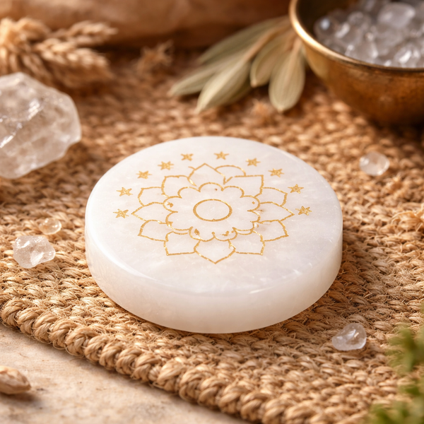 Gegraveerde Bergkristal Schijf Met Lotus Symbool ±5cm