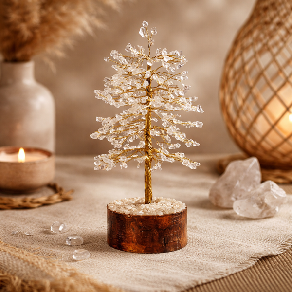Edelsteenboom Levensboom Bergkristal Met Neemhouten Basis ±23cm