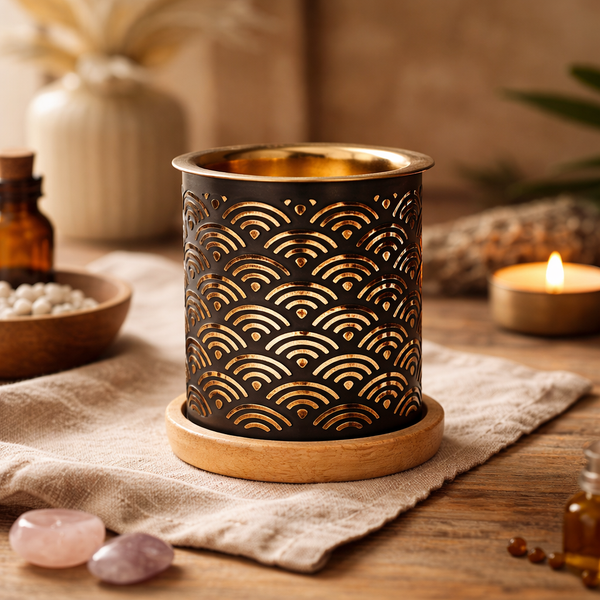 Aromafume Olieverdamper Regenboog Metalen Met Houten Onderzetter 9x8cm