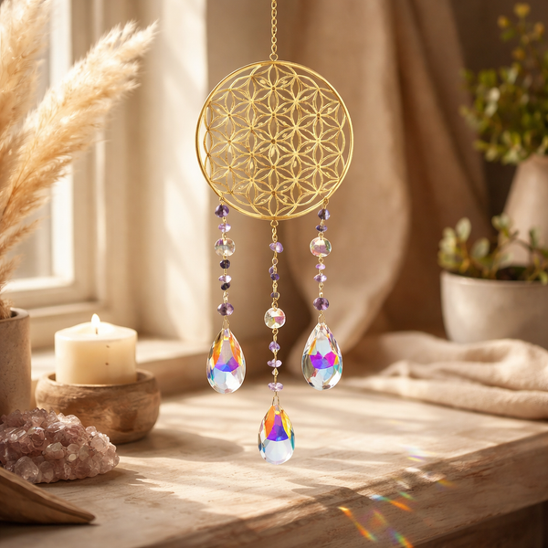 Suncatcher Met Bloem Des Levens Goud En Amethist 38-39cm