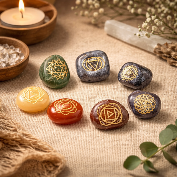 Set 7 Chakra Symbolen Trommelstenen 1.5-2.5 cm