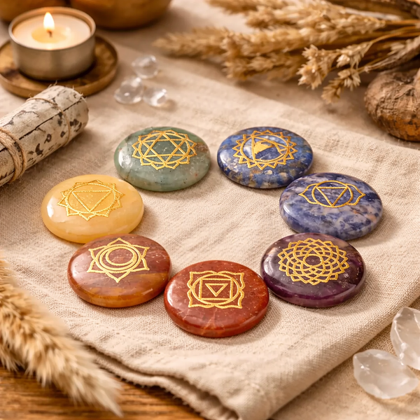 Set Van 7 Ronde Platte Edelstenen Met Goudkleurige Chakrasymbolen