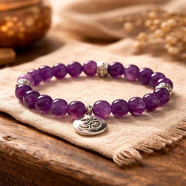 Mala Armband Elastisch Met 21 Amethist Kralen En Ohm Symbool