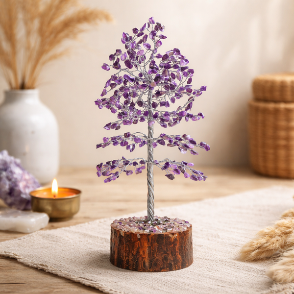 Edelsteenboom Levensboom Amethist Met Neemhouten Basis ±23cm