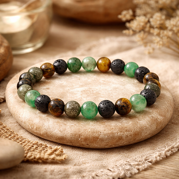 Armband Voor Brede Pols Met Groene Kwarts Lavasteen Tijgeroog En Pyriet 0,8 cm