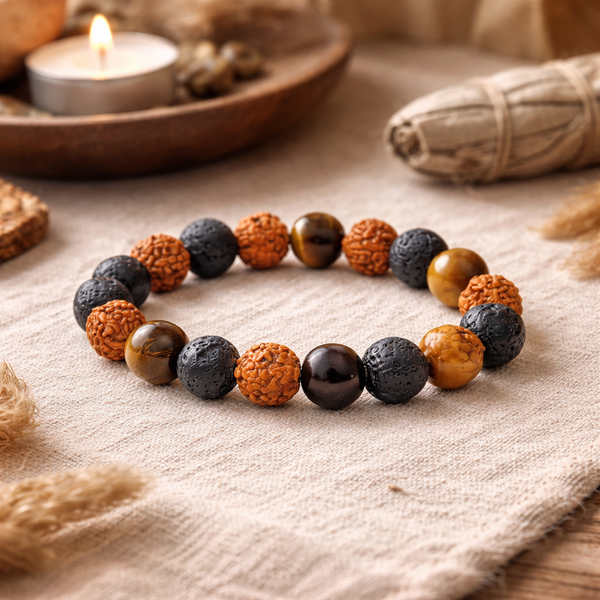 Armband Rudraksha Zaden Tijgeroog Lavasteen 10 mm