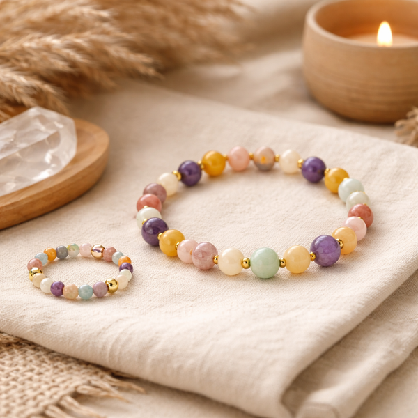 Set Armband En Ring Met Pastel Edelstenen En Goudkleurige Kralen ±7 Cm