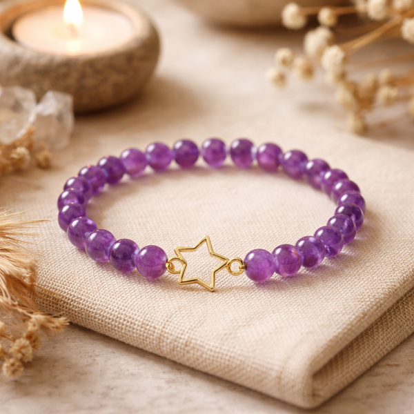 Armband Amethist Met Metalen Ster Bedel 6mm Elastisch