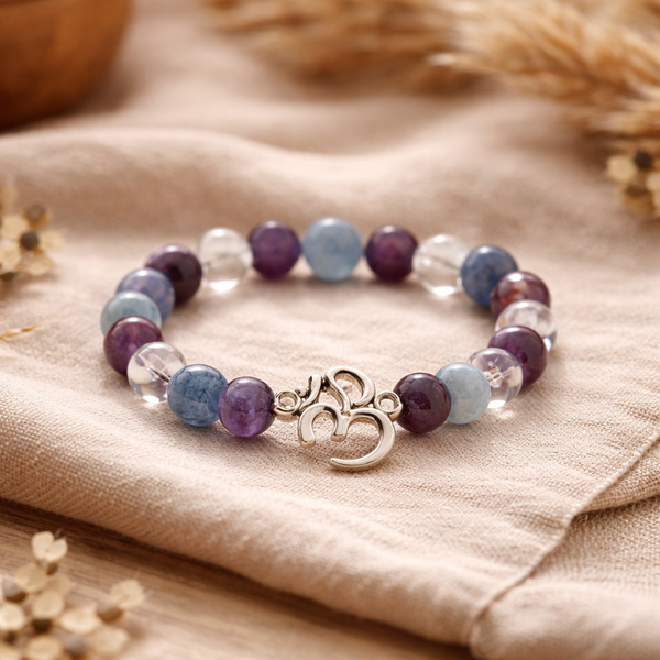 Mala Armband Met Amethist, Blauwe Aventurijn, Bergkristal En Ohm Symbool