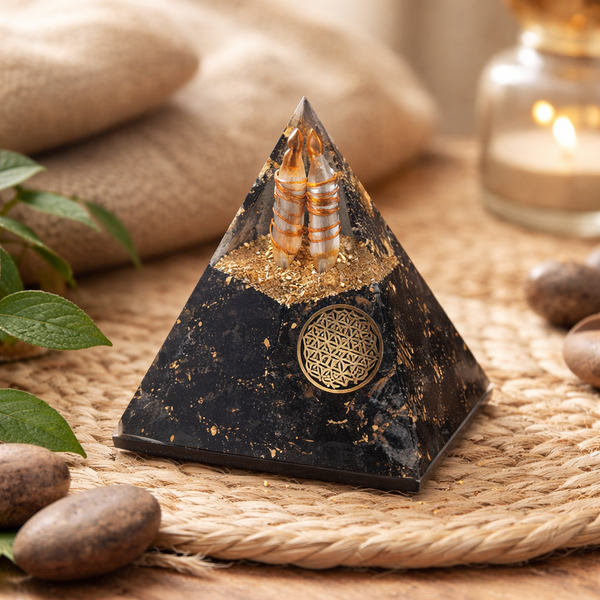 Orgoniet Piramide Flower of Life Toermalijn 5 x 5 x 8 cm