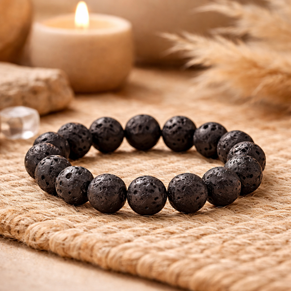 Armband Lavasteen Zwart Elastisch 16 cm
