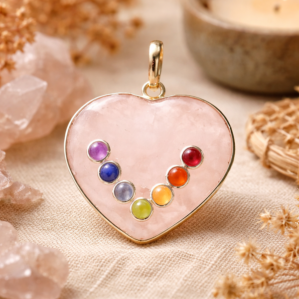Chakrahanger Hartvorm Rozenkwarts Messing Zeven Chakra Edelstenen