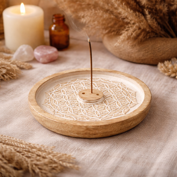 Wierookhouder Mangohout Bloem Des Levens Mandala Whitewash 12,5 cm