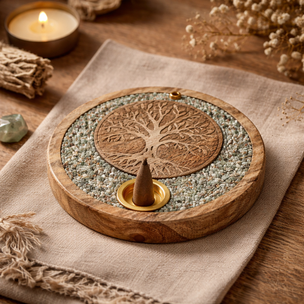 Wierookkegelhouder Tree Of Life Mangohout Messing Amazoniet 10 Cm