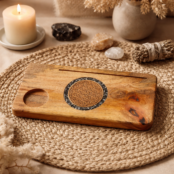 Kaarthouder Flower Of Life Toermalijn En Pyriet Mangohout 21,5 cm