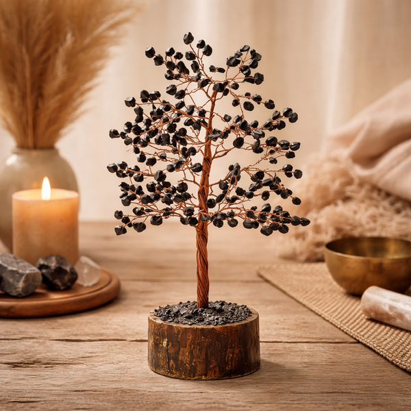 Edelsteenboom Zwarte Toermalijn Met Houten Voet 23 Cm