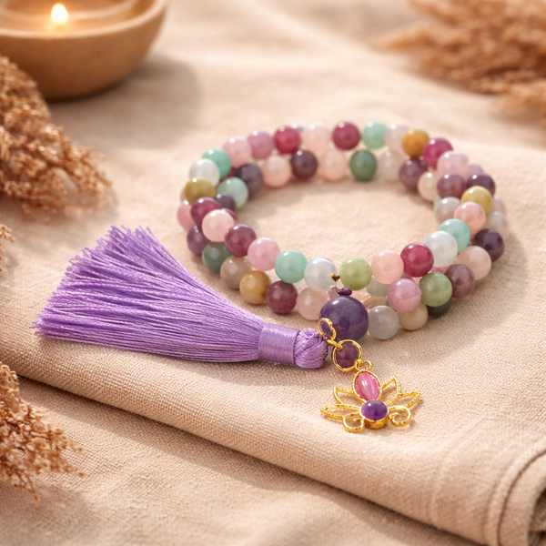 Mala Lotus Lepidoliet Amazoniet Witte Agaat Rozenkwarts Met Kwastje 108 Kralen 8 Mm