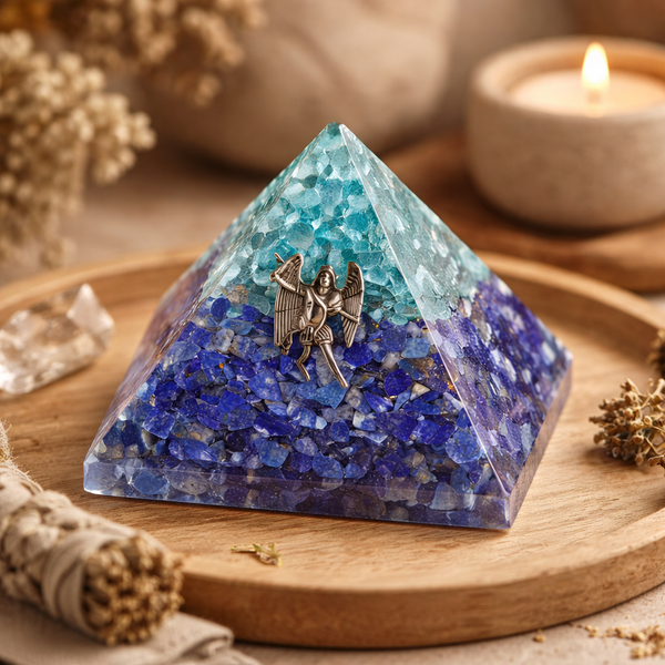 Orgoniet Piramide Lapis Lazuli En Aquamarijn Met Engel Michaël 7,5 cm