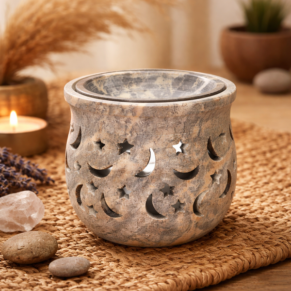 Wierookbrander En Olieverdamper Sterren En Maantjes Zeepsteen 14 cm