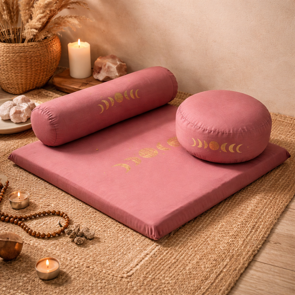 Meditatie Set 2 Maanfasen Biologisch Katoen Oudroze Goud 65x65x5 cm