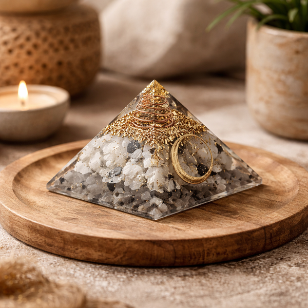 Orgoniet Pyramide Maansteen Met Maan Symbool 7,5x7,5x5cm