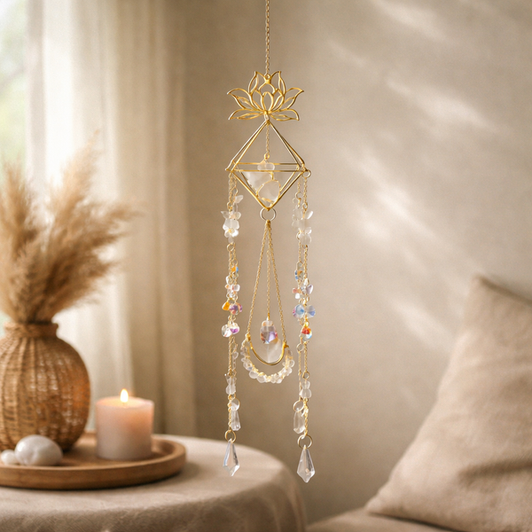 Suncatcher Lotus En Vlinders Goudkleurig Metaal Met Bergkristal ±9x51 cm