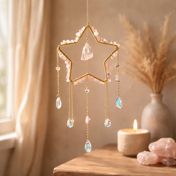 Suncatcher Ster Goudkleurig Metalen Frame Met Rozenkwarts 12x34 cm