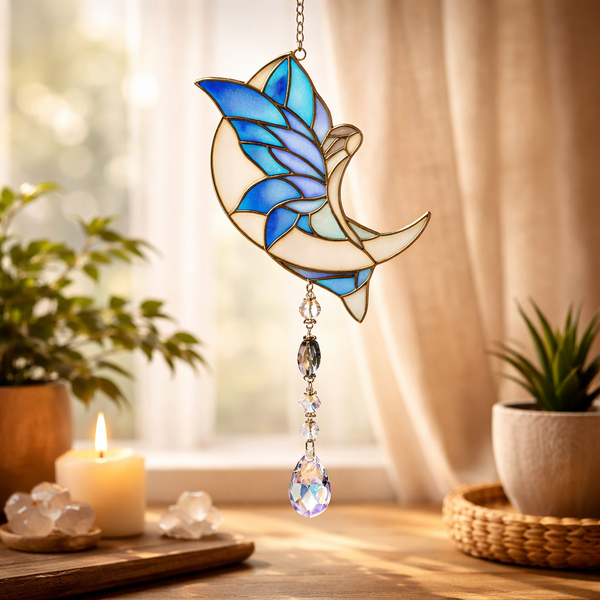 Raamhanger Maanfee Gekleurd Glas Blauw ±34cm