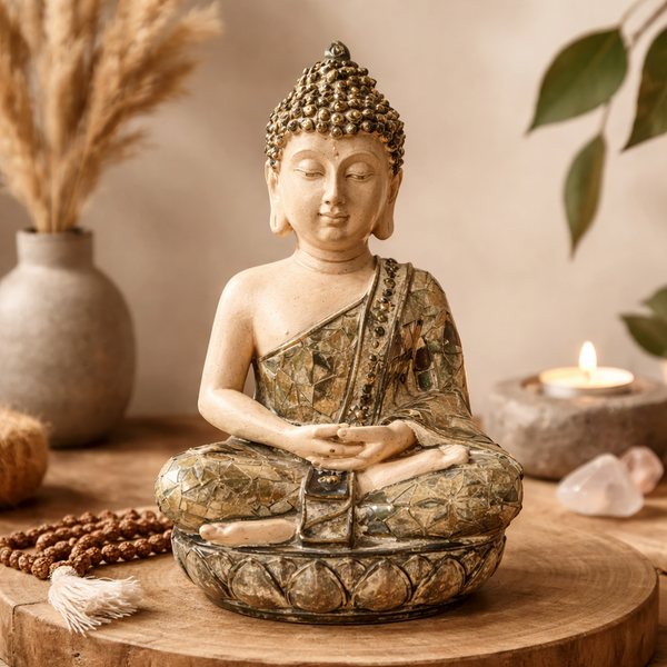 Boeddha Beeld Meditatie Groen Mozaïek 19x14x25,5 cm