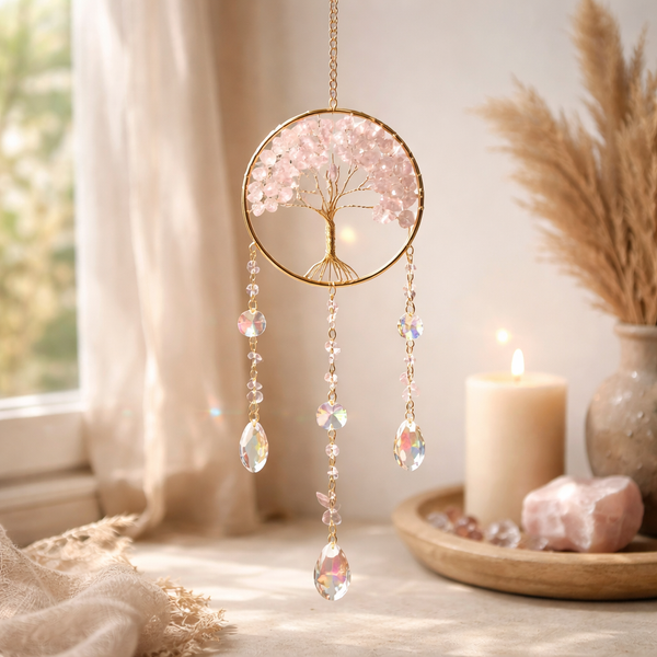 Suncatcher Levensboom Met Rozenkwarts ±30cm