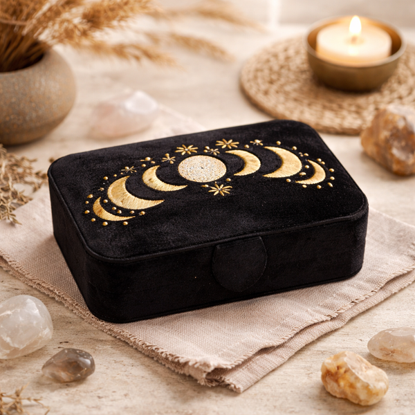 Sieraden- En Tarotdoos Met Maanfasen Fluweel Zwart 11x15,5x5 cm