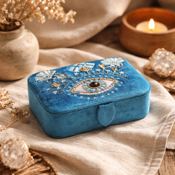 Sieraden- En Tarotdoos Fluweel Blauw Met Alziend Oog 11x15,5x5 Cm