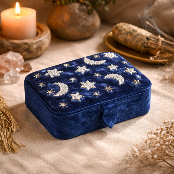 Sieraden Tarotdoos Fluweel Donkerblauw Maan En Sterren 11x15,5x5 cm