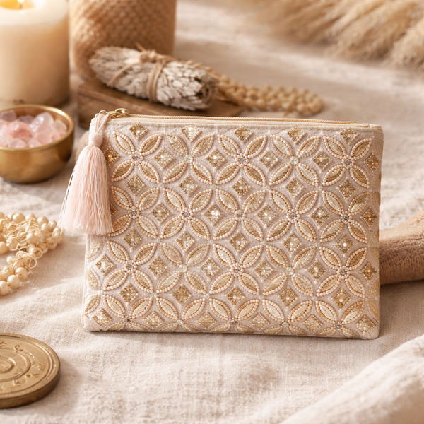 Etui Fluweel Met Bloem Des Levens Beige Goud 20x15 cm