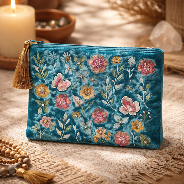 Etui Fluweel Bloemen Blauw 20x15 cm