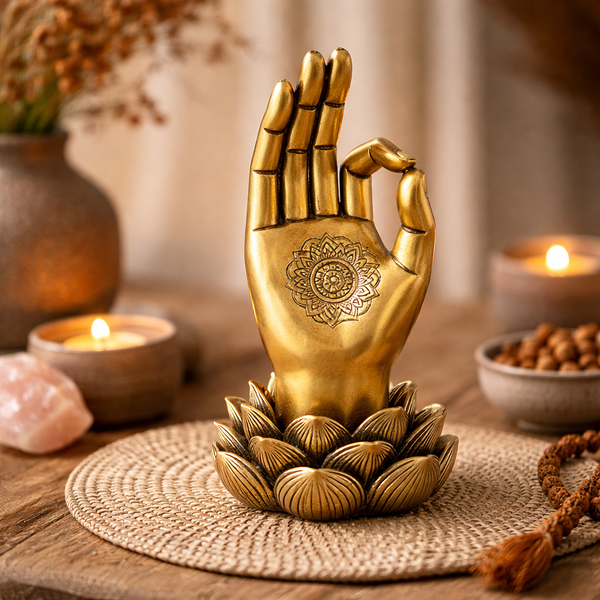 Ornament Gyan Mudra Met Mandala Op Lotusvoet Goudkleurig 11.7x10x21.3 cm