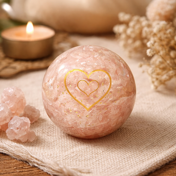 Orgoniet Bol Met Rozenkwarts En Hartsymbool ±5,5cm