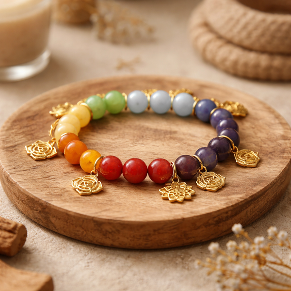 Bedelarmband Met Chakra Symbolen En Edelsteenkralen ±7 Cm