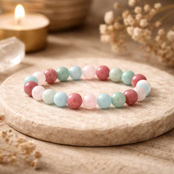 Armband Elastisch Met Aquamarijn Rozenkwarts Amazoniet Thuliet 0,8 cm