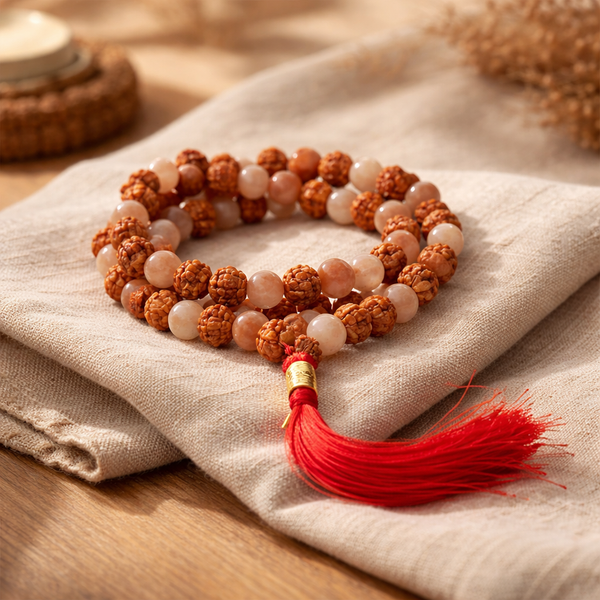 Mala Met 108 Kralen Perzikkleurige Maansteen En Rudraksha 0.6 Cm In Zakje