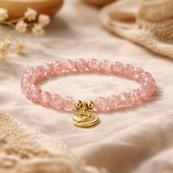 Armband Aardbeienkwarts Elastisch Met Metalen Hart En Maan Bedel 6mm