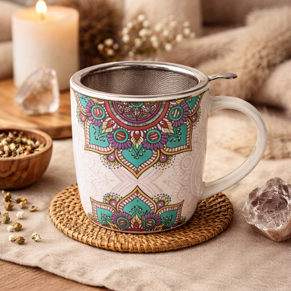 Theemok Met Zeef Mandala Bone China Porselein Turquoise ±400 ml